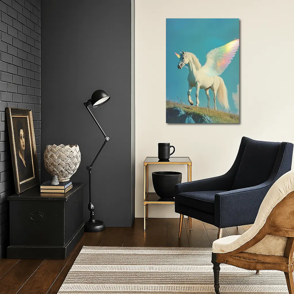 White Unicorn Rainbow Wings Blue Sky – Wall Art