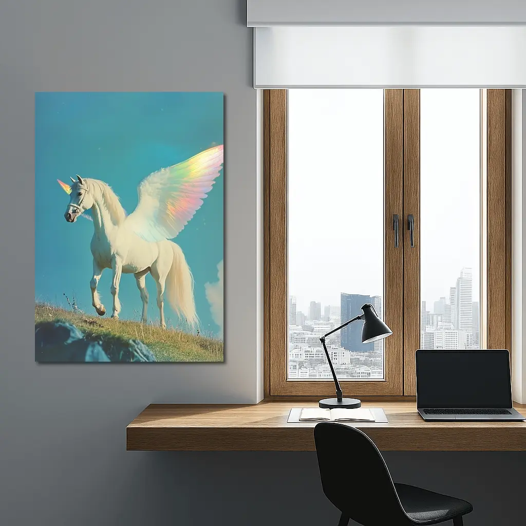 White Unicorn Rainbow Wings Blue Sky – Wall Art