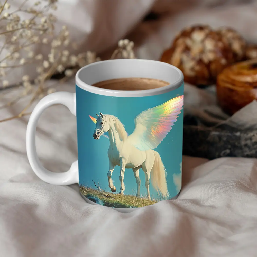White Unicorn Rainbow Wings Blue Sky – Mugs