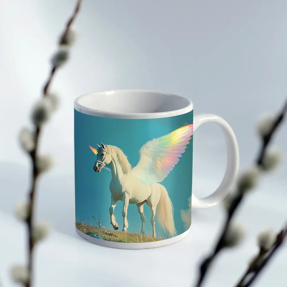 White Unicorn Rainbow Wings Blue Sky – Mugs