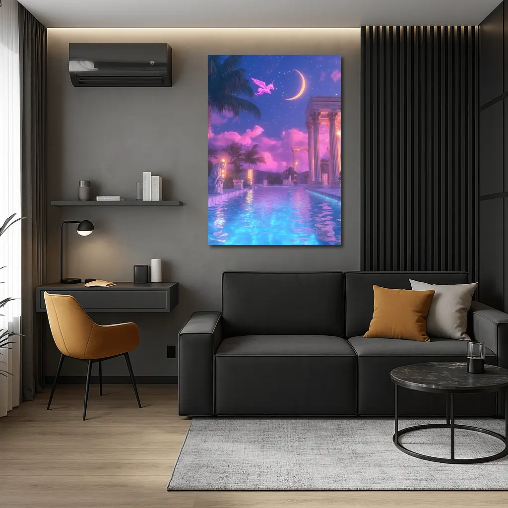 Pink Pegasus Greek Temple Pool Night Sky – Wall Art