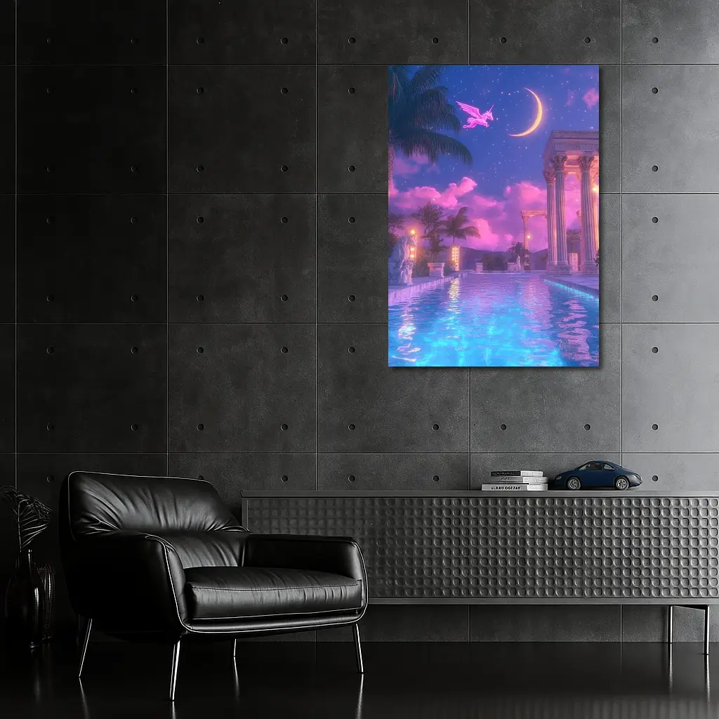 Pink Pegasus Greek Temple Pool Night Sky – Wall Art