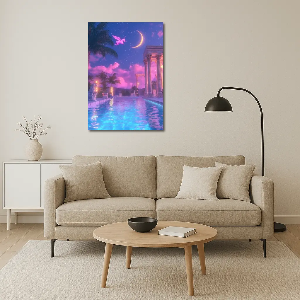 Pink Pegasus Greek Temple Pool Night Sky – Wall Art