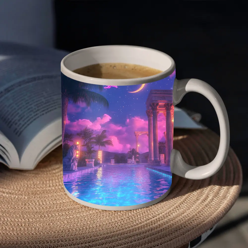 Pink Pegasus Greek Temple Pool Night Sky – Mugs
