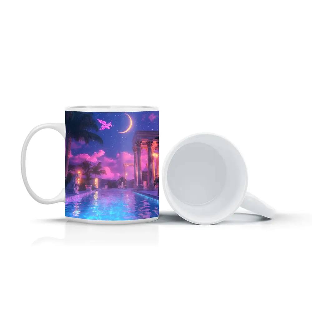 Pink Pegasus Greek Temple Pool Night Sky – Mugs