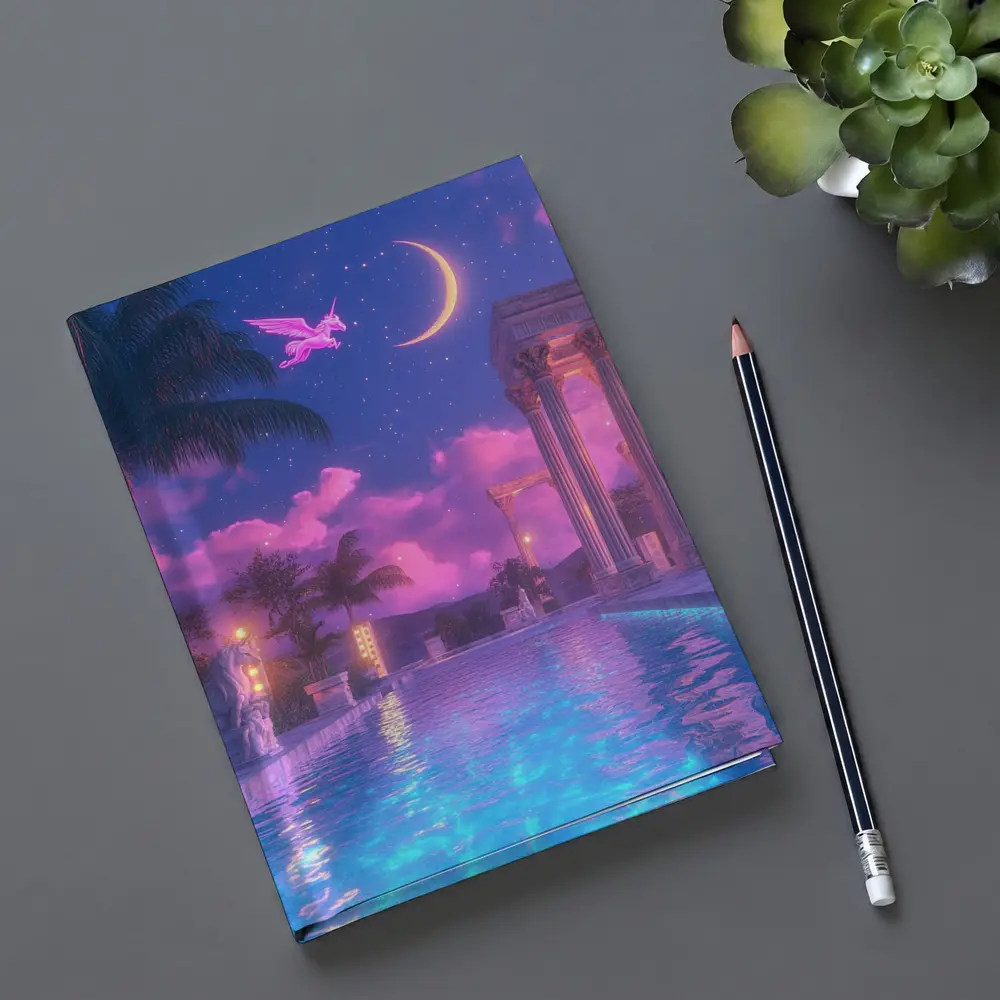 Pink Pegasus Greek Temple Pool Night Sky – Notebooks