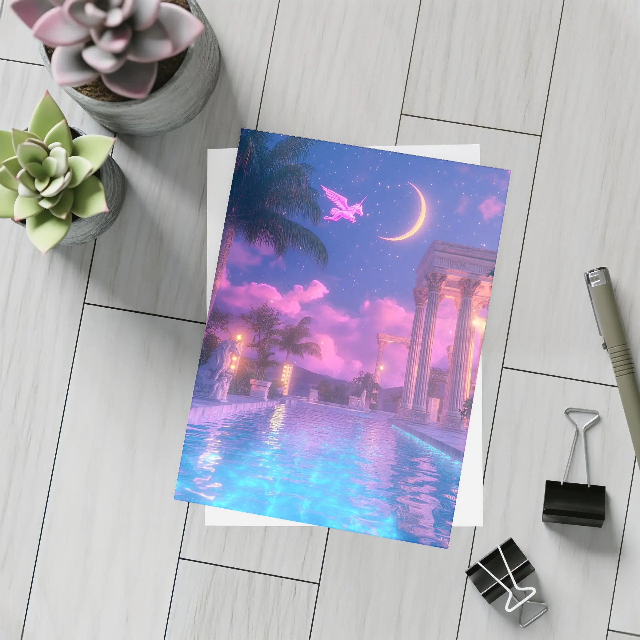 Pink Pegasus Greek Temple Pool Night Sky – Postcards