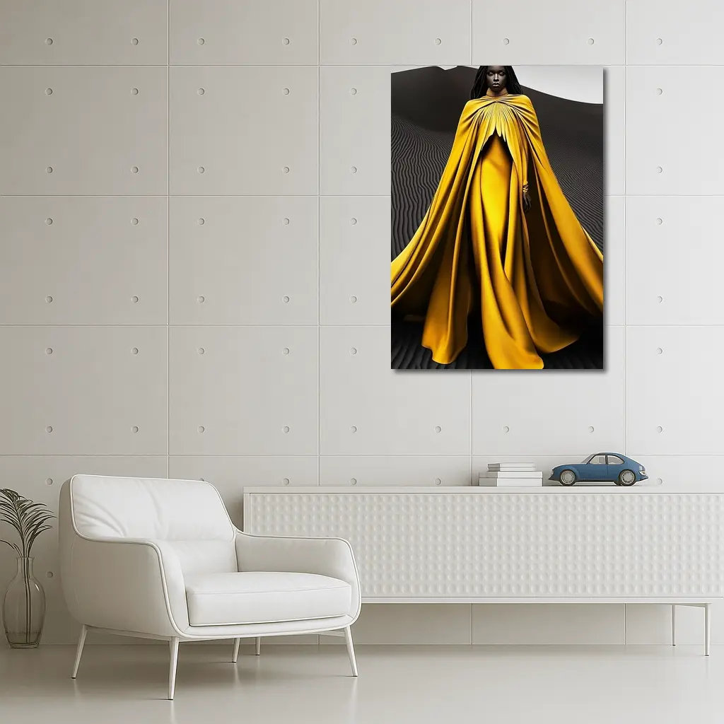 Woman in Golden Cape Black Sand Dunes – Wall Art