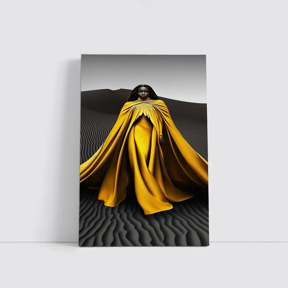 Woman in Golden Cape Black Sand Dunes – Wall Art