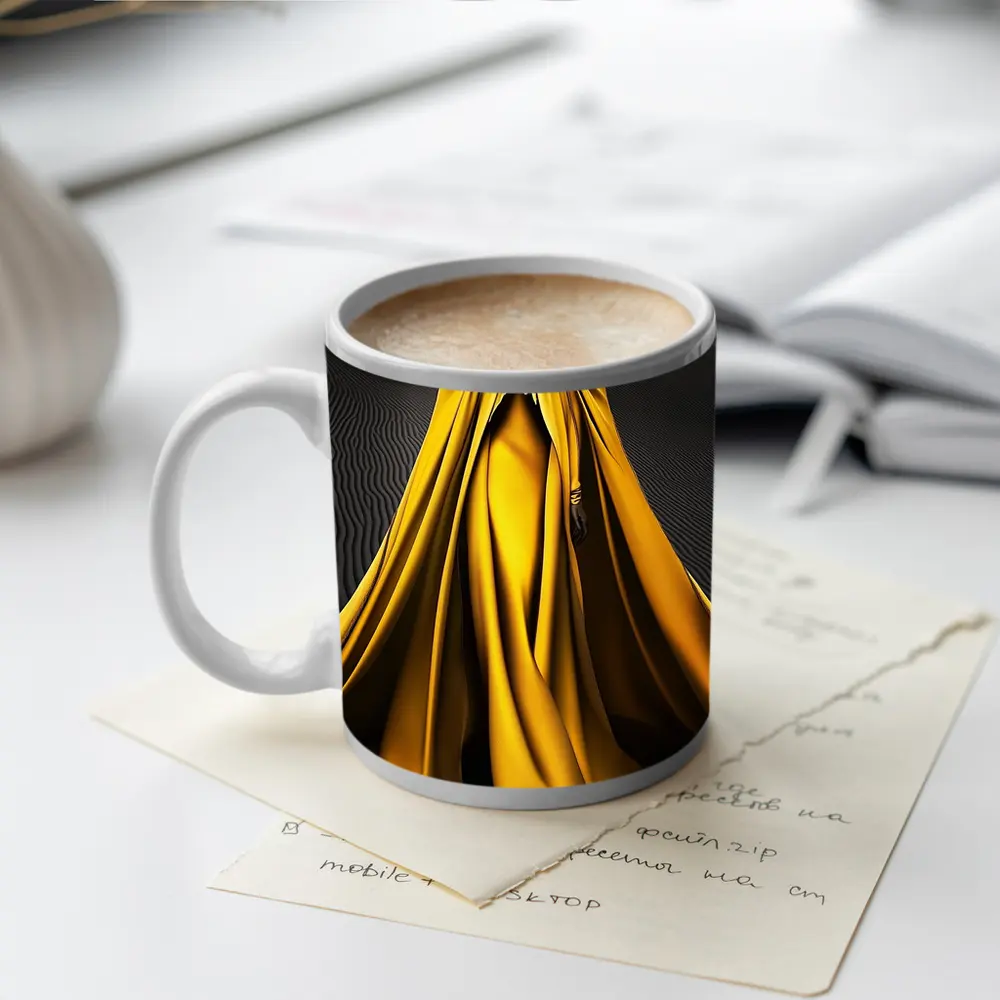 Woman in Golden Cape Black Sand Dunes – Mugs