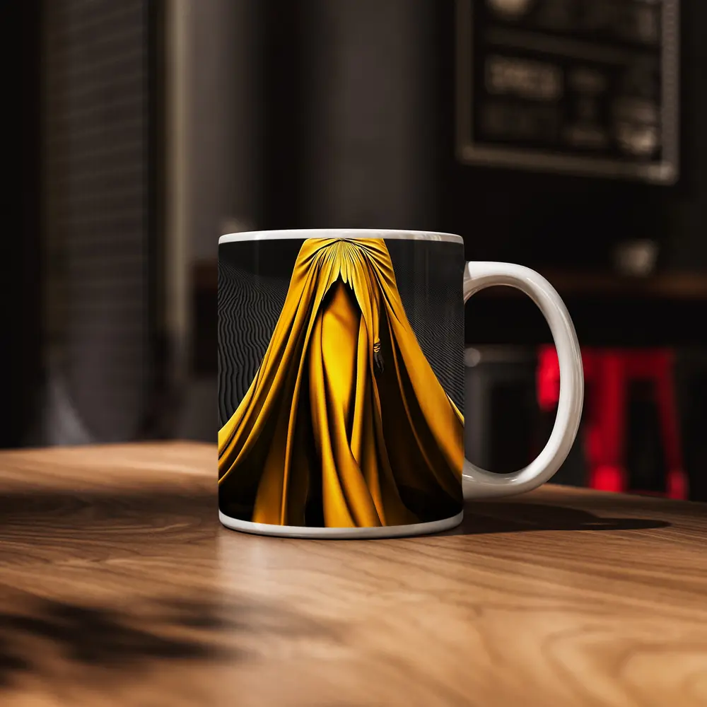 Woman in Golden Cape Black Sand Dunes – Mugs