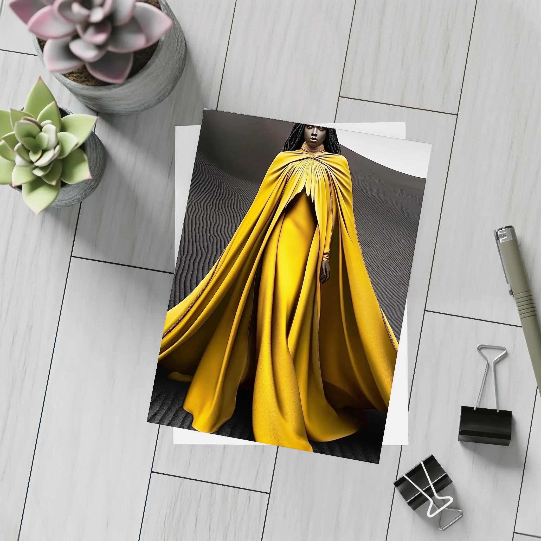 Woman in Golden Cape Black Sand Dunes – Postcards