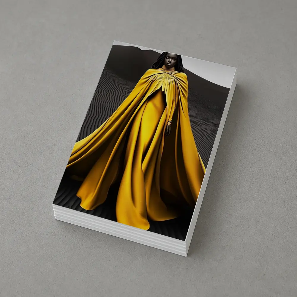 Woman in Golden Cape Black Sand Dunes – Postcards