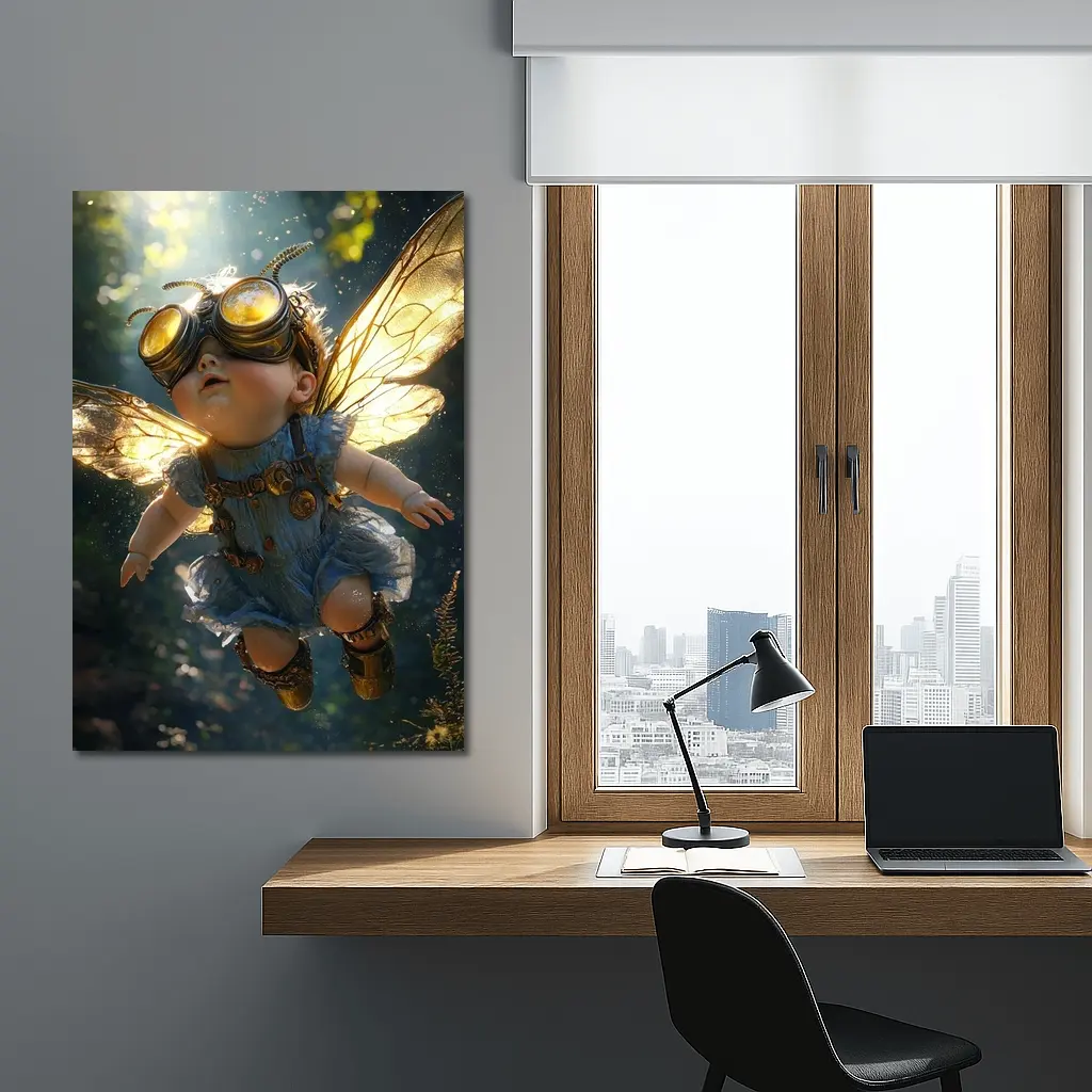 Steampunk Baby Fairy Flying Forest Light – Wall Art