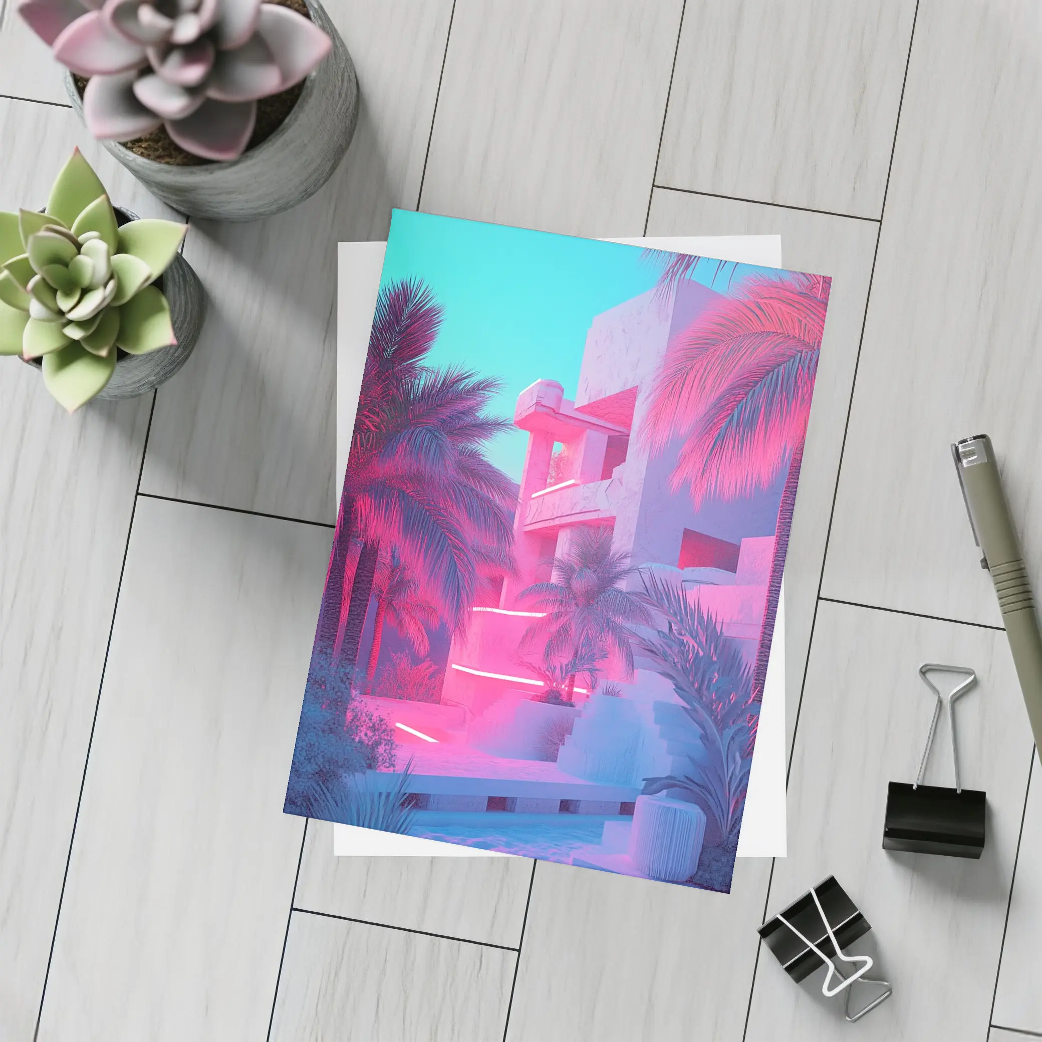 Neon Pink Tropical Architecture Palm Trees – Postcards
