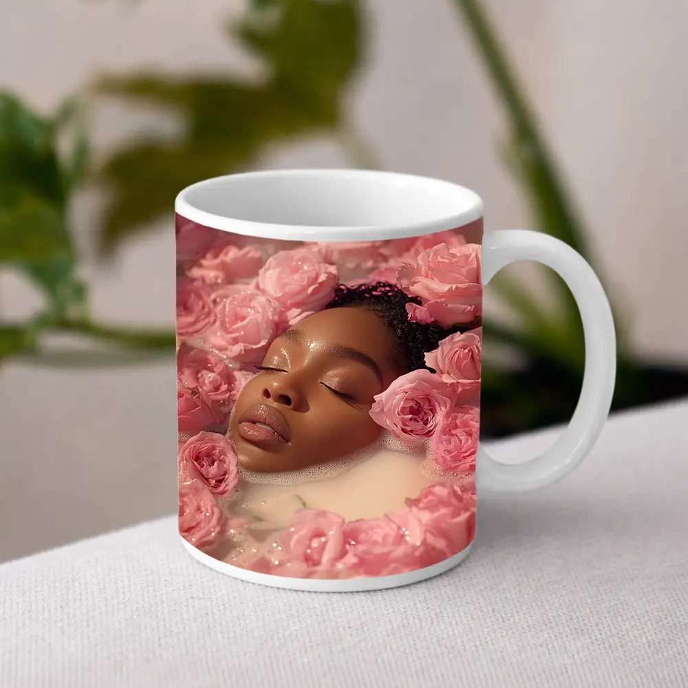 Woman Relaxing in Rose Milk Bath – Mugs