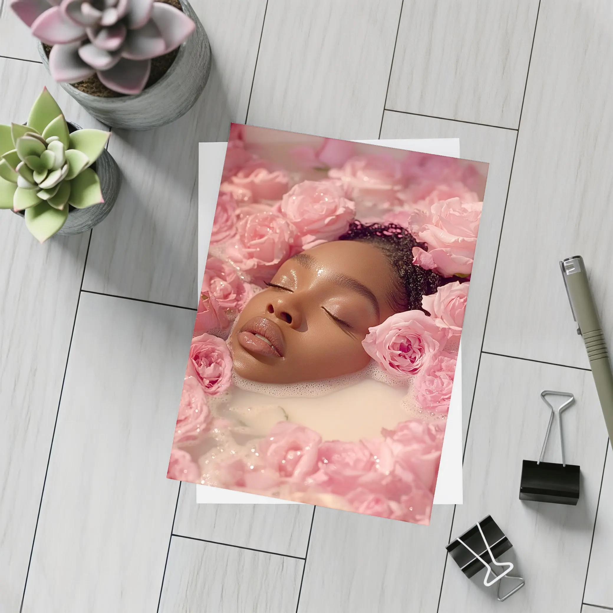 Woman Relaxing in Rose Milk Bath – Postcards