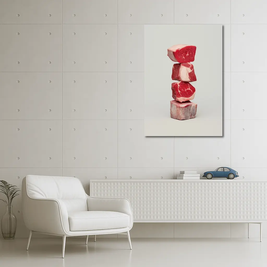 Stacked Raw Beef Cuts Gray Background – Wall Art