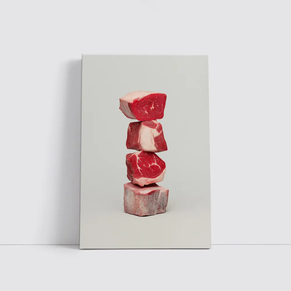 Stacked Raw Beef Cuts Gray Background – Wall Art