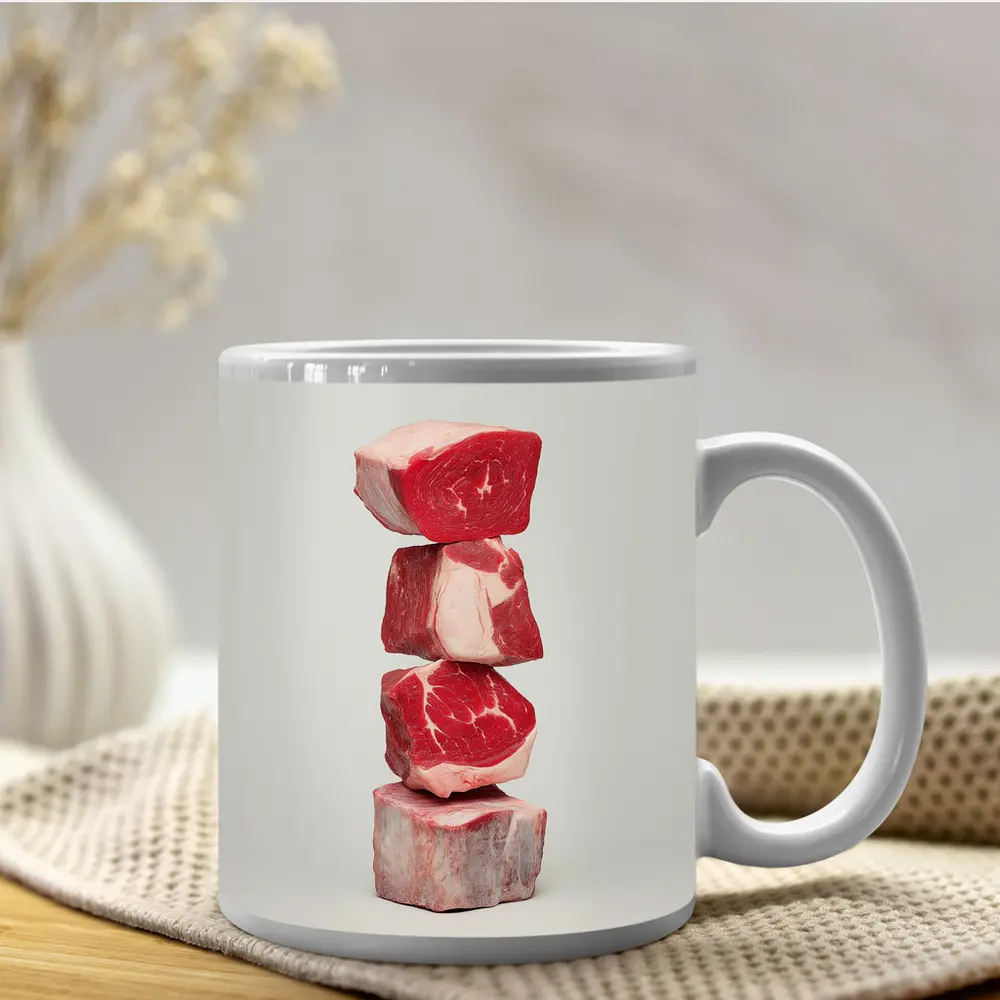 Stacked Raw Beef Cuts Gray Background – Mugs