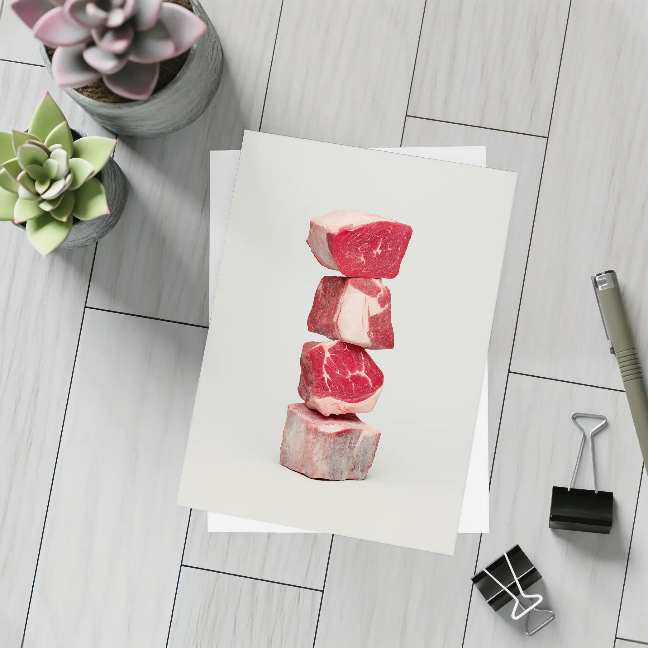 Stacked Raw Beef Cuts Gray Background – Postcards