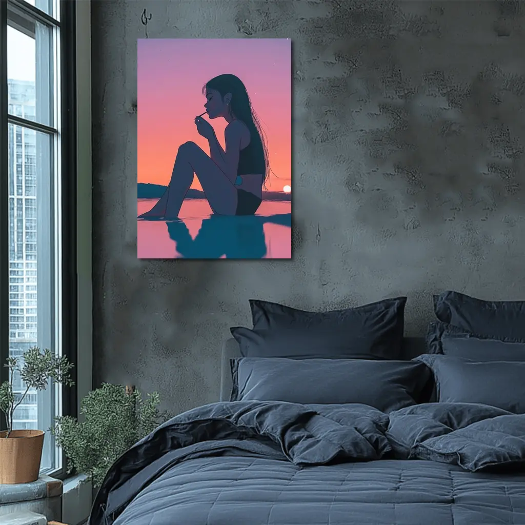 Anime Girl Sitting at Sunset Beach – Wall Art