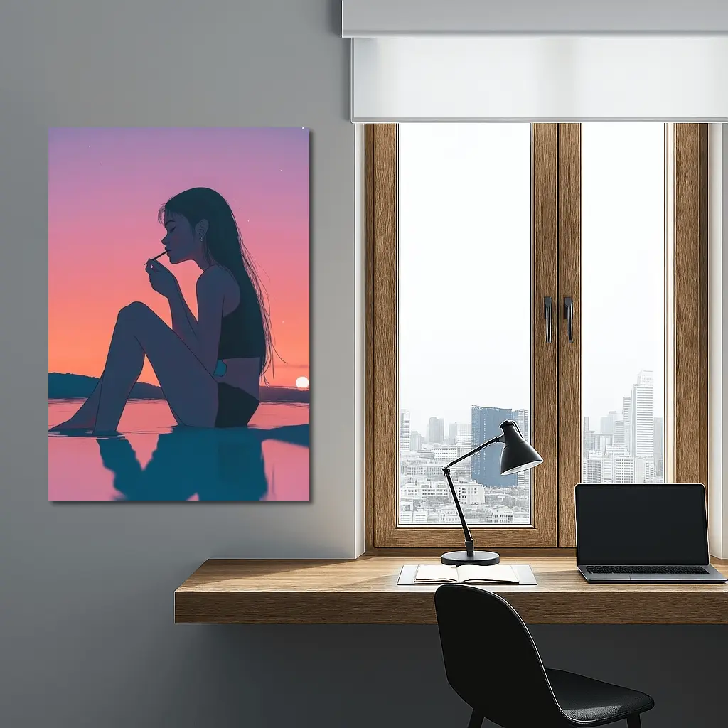 Anime Girl Sitting at Sunset Beach – Wall Art