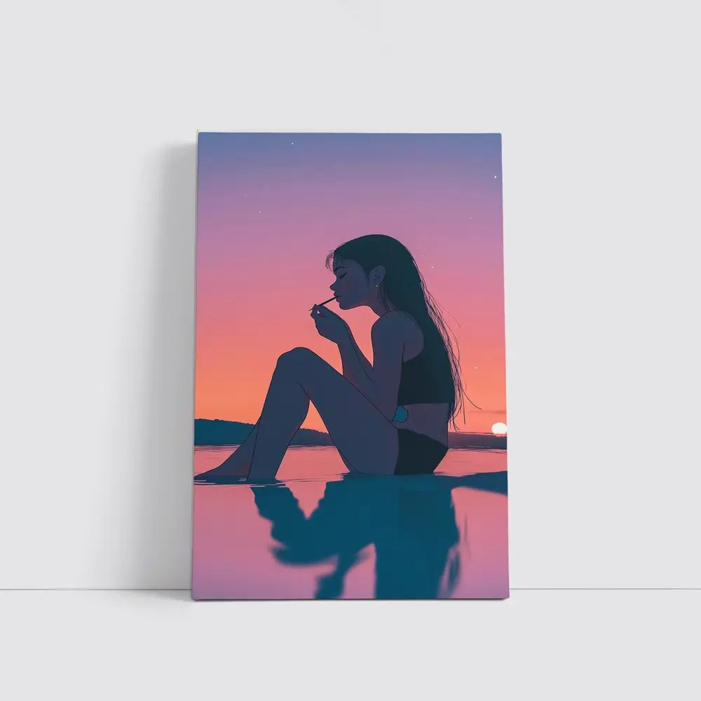 Anime Girl Sitting at Sunset Beach – Wall Art