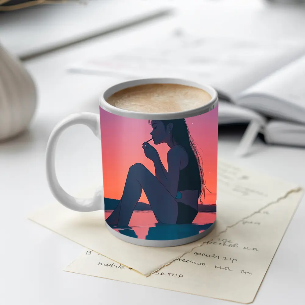 Anime Girl Sitting at Sunset Beach – Mugs