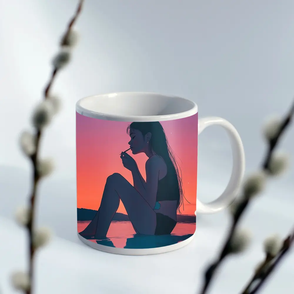 Anime Girl Sitting at Sunset Beach – Mugs