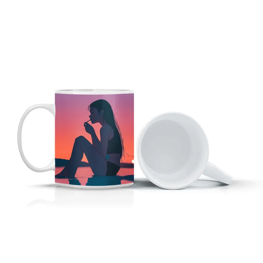 Anime Girl Sitting at Sunset Beach – Mugs