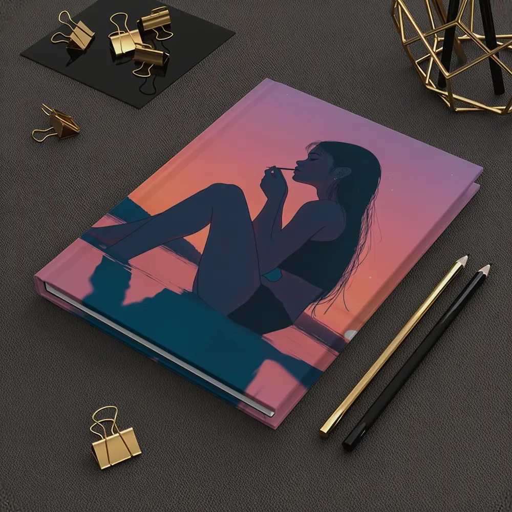 Anime Girl Sitting at Sunset Beach – Notebooks