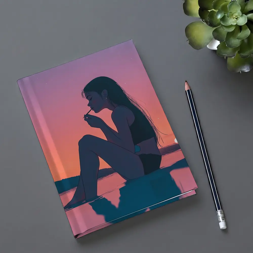 Anime Girl Sitting at Sunset Beach – Notebooks