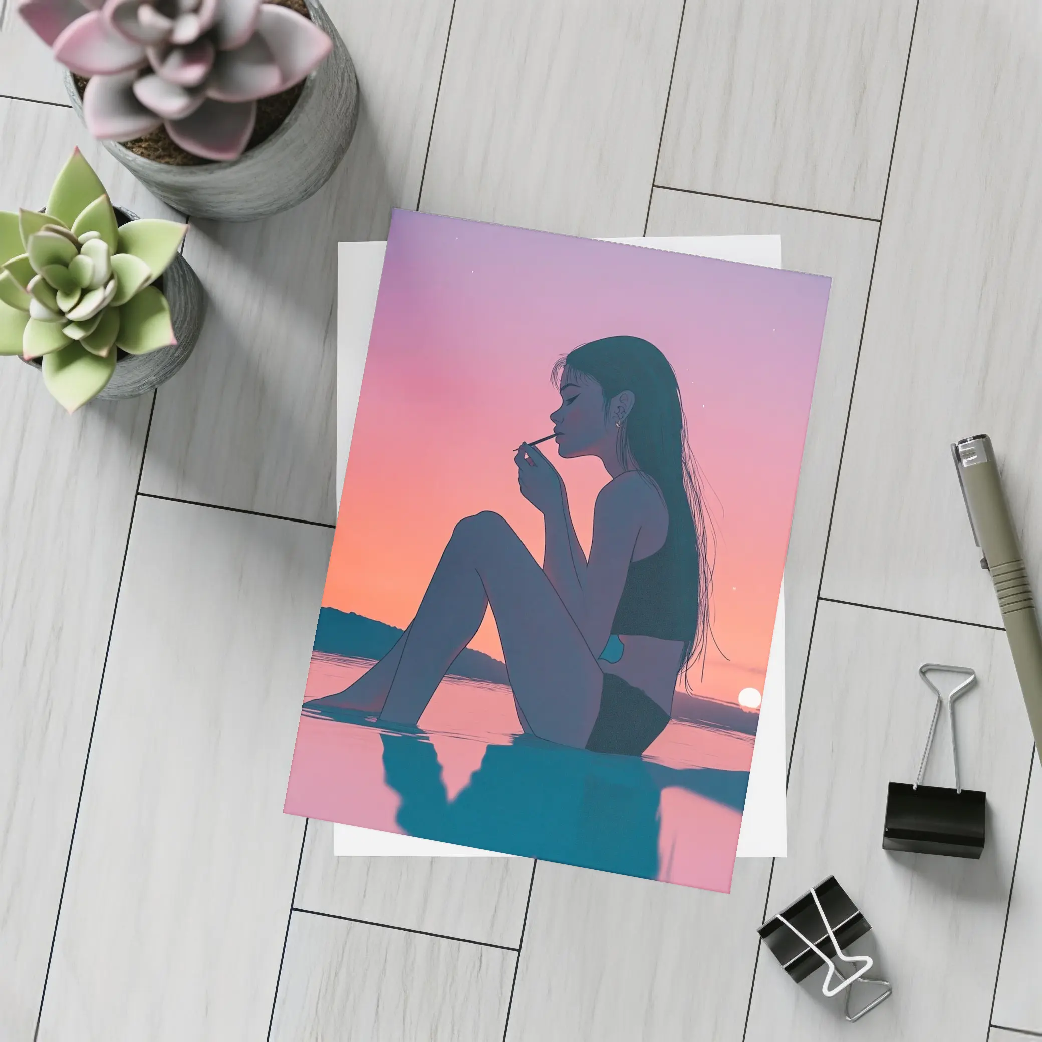 Anime Girl Sitting at Sunset Beach – Postcards