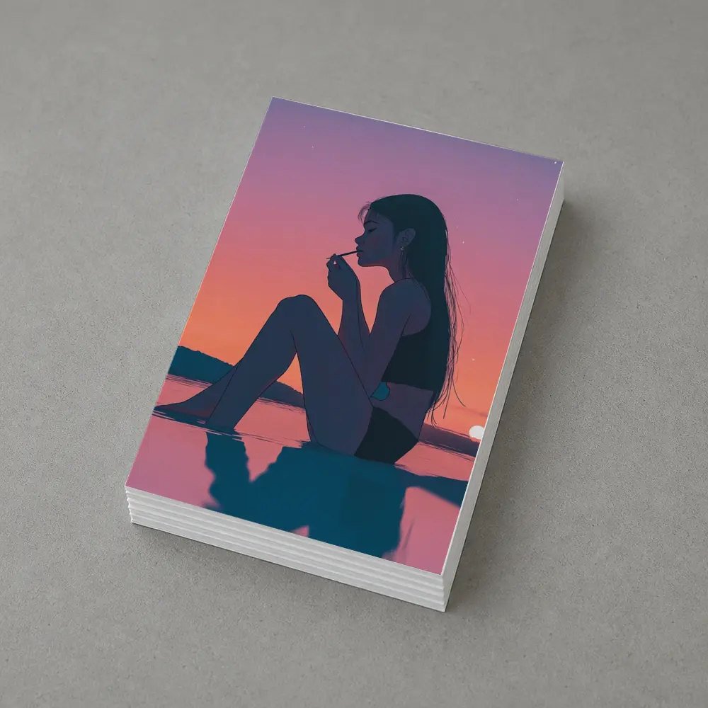 Anime Girl Sitting at Sunset Beach – Postcards