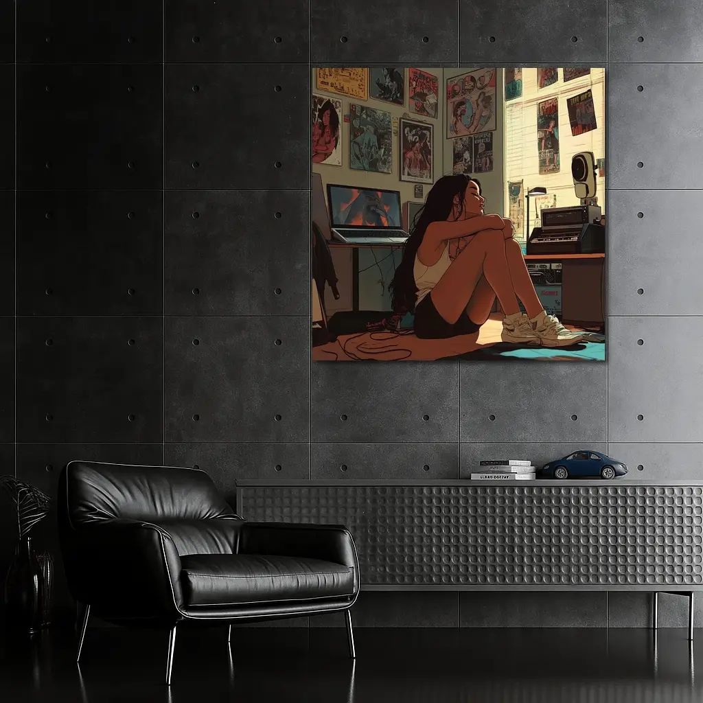 Anime Girl Sitting Alone Retro Room – Wall Art
