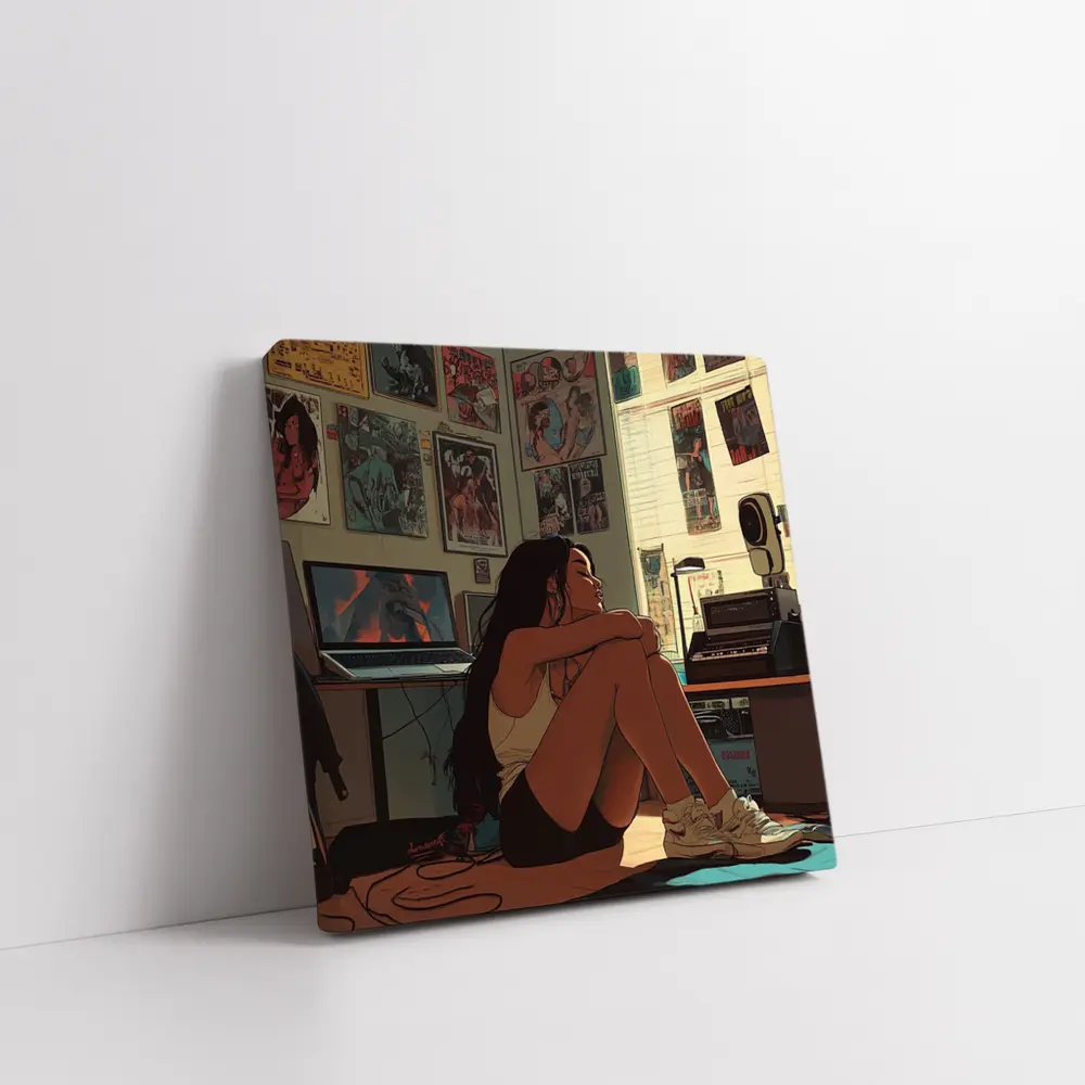 Anime Girl Sitting Alone Retro Room – Wall Art
