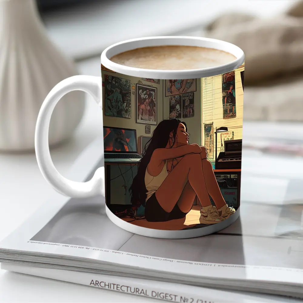 Anime Girl Sitting Alone Retro Room – Mugs