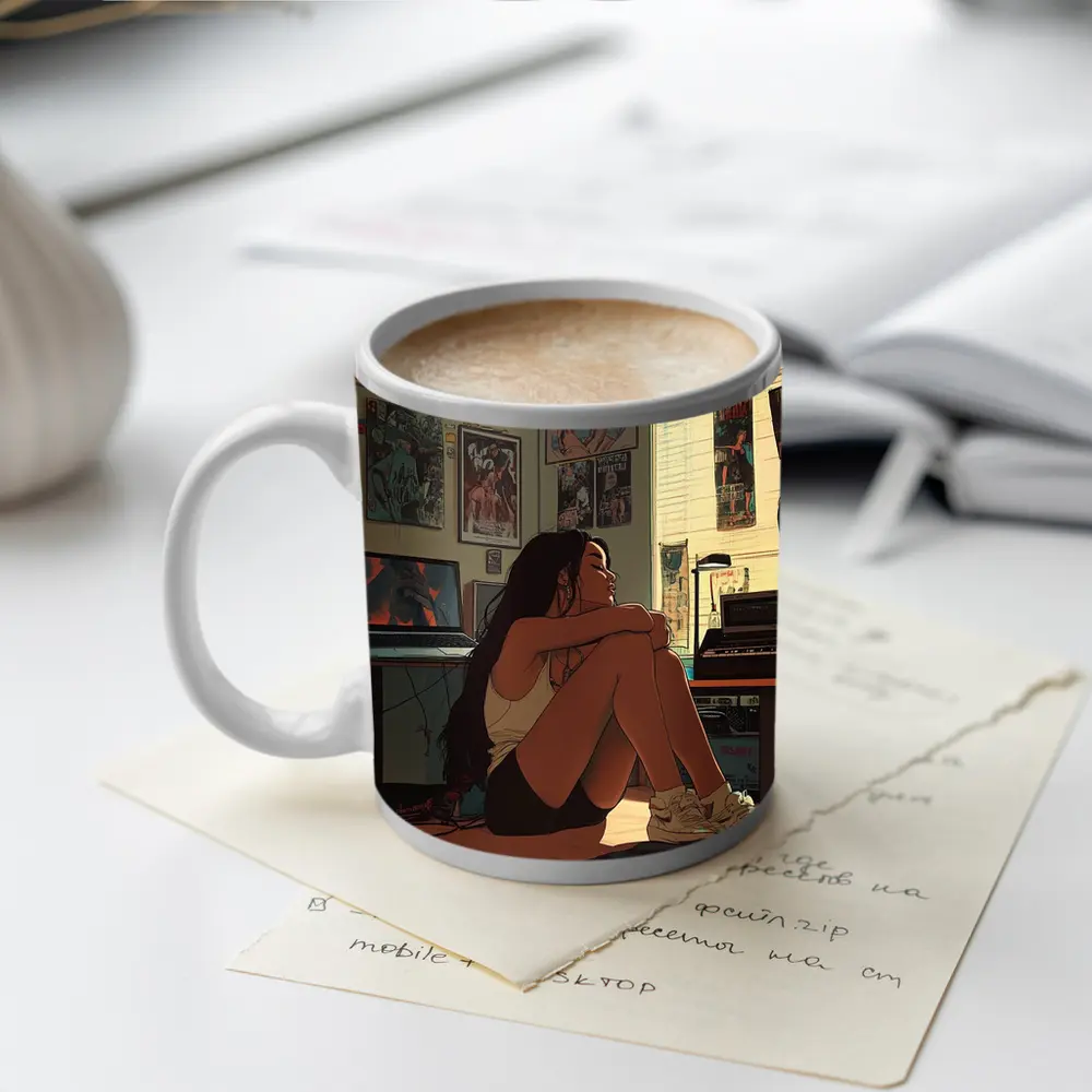 Anime Girl Sitting Alone Retro Room – Mugs