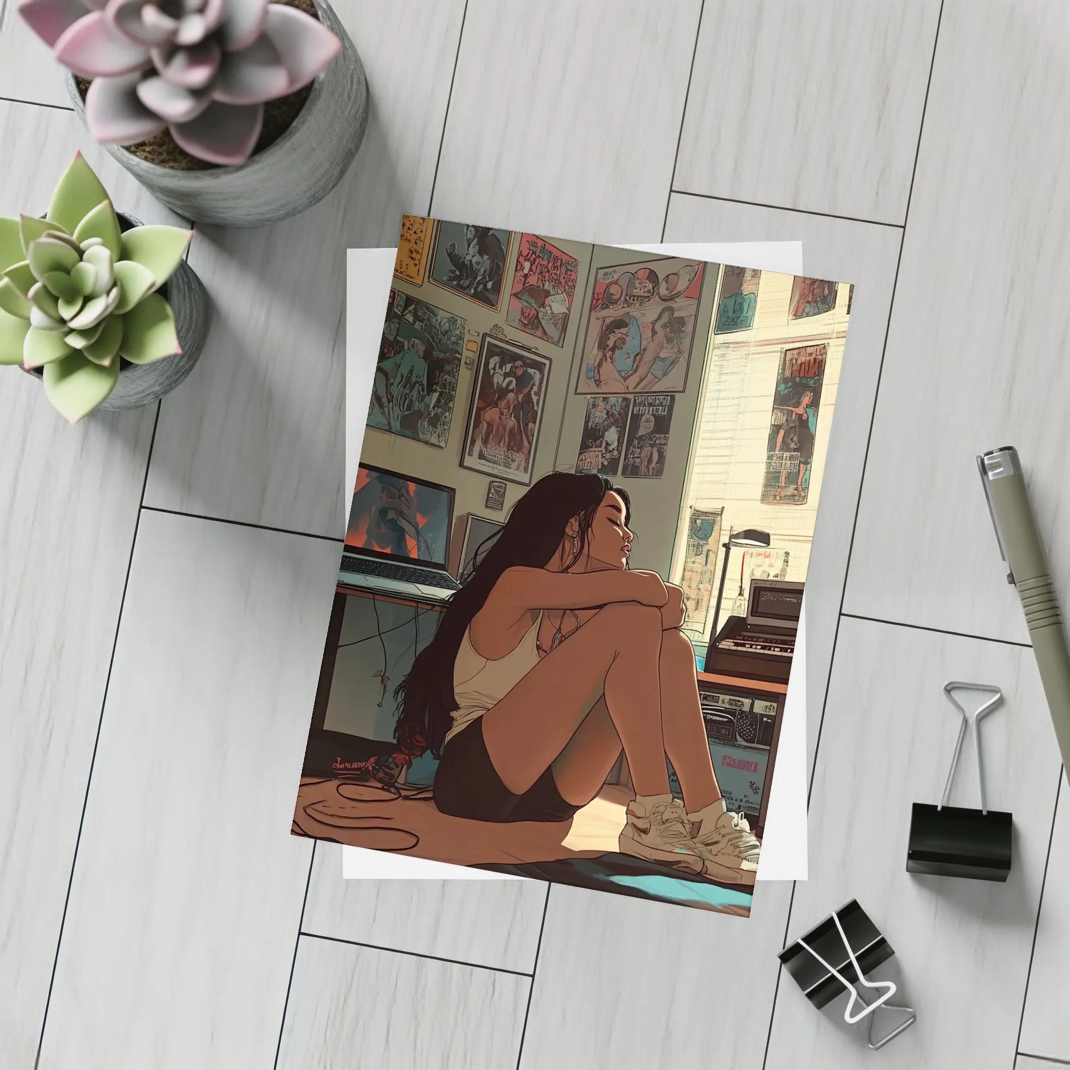 Anime Girl Sitting Alone Retro Room – Postcards
