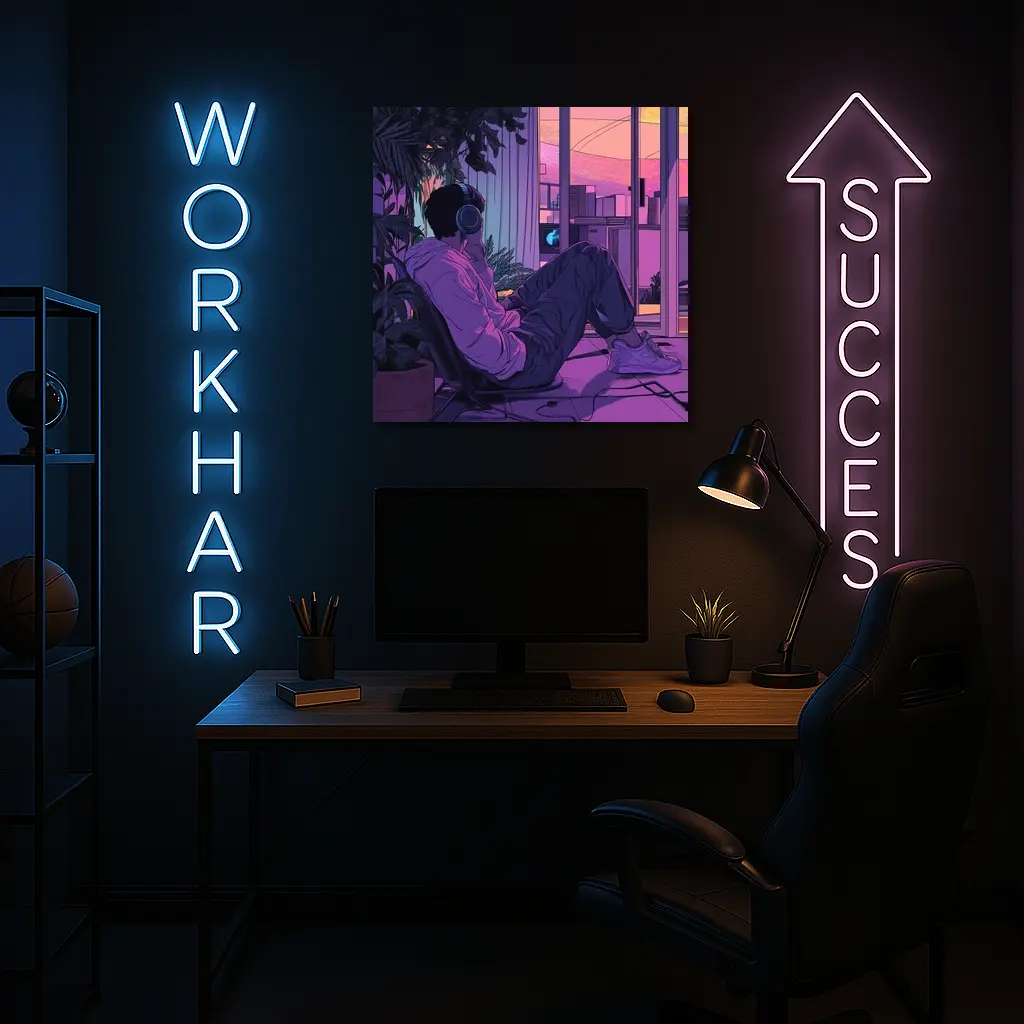 Lofi Anime Guy Headphones Purple Sunset Room – Wall Art