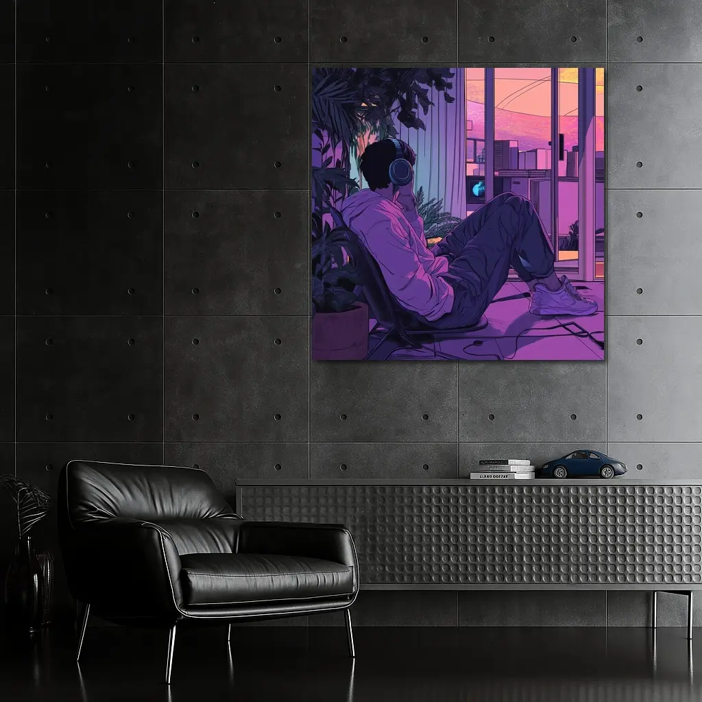 Lofi Anime Guy Headphones Purple Sunset Room – Wall Art