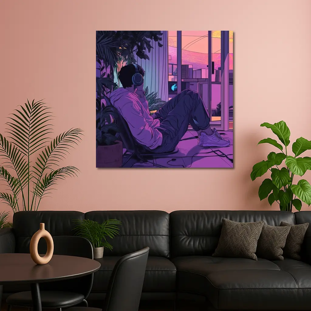 Lofi Anime Guy Headphones Purple Sunset Room – Wall Art