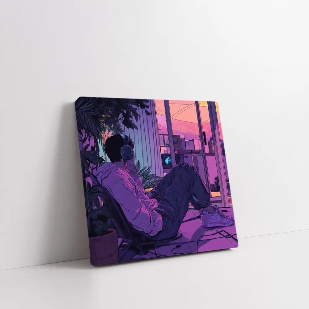 Lofi Anime Guy Headphones Purple Sunset Room – Wall Art