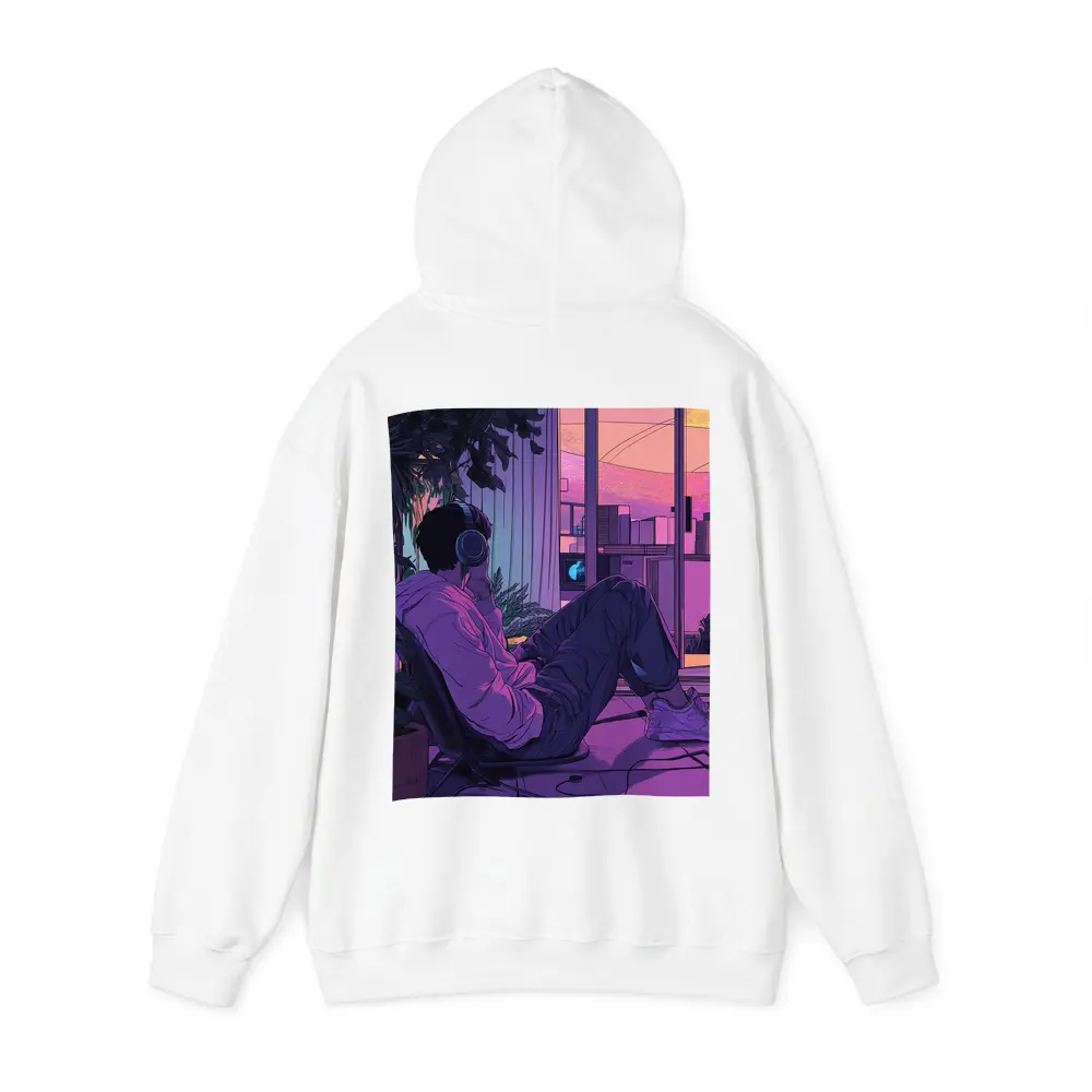 Lofi Anime Guy Headphones Purple Sunset Room – Hoodies