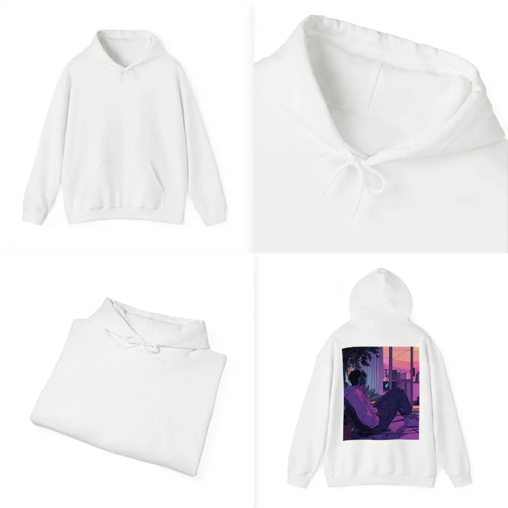 Lofi Anime Guy Headphones Purple Sunset Room – Hoodies