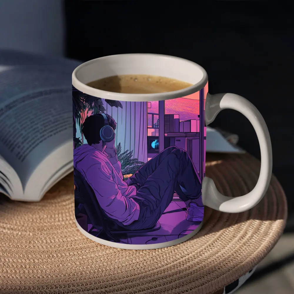 Lofi Anime Guy Headphones Purple Sunset Room – Mugs