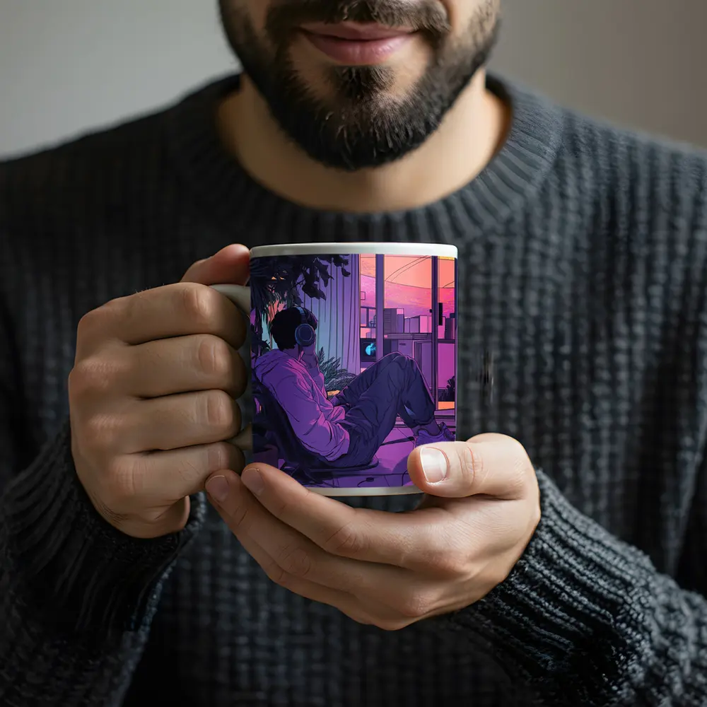 Lofi Anime Guy Headphones Purple Sunset Room – Mugs