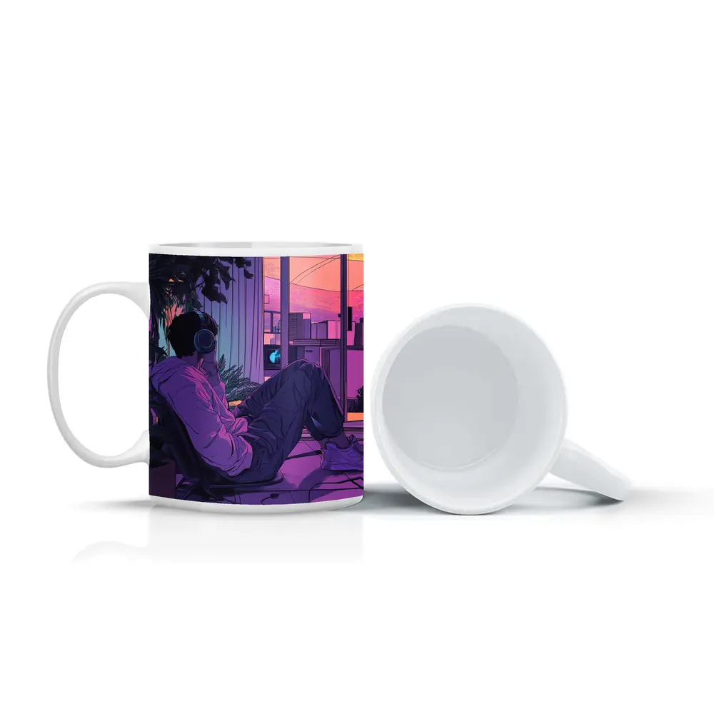 Lofi Anime Guy Headphones Purple Sunset Room – Mugs