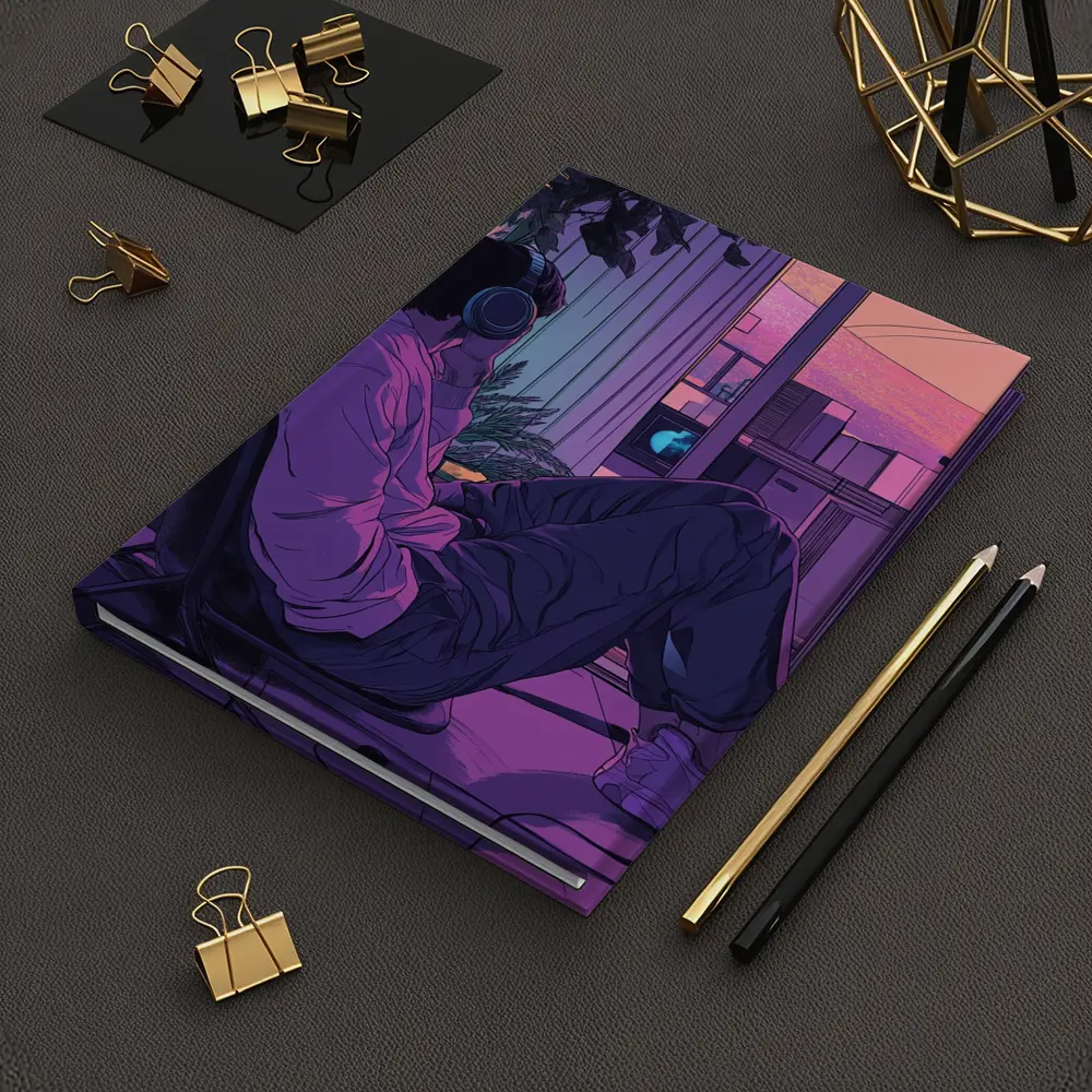 Lofi Anime Guy Headphones Purple Sunset Room – Notebooks